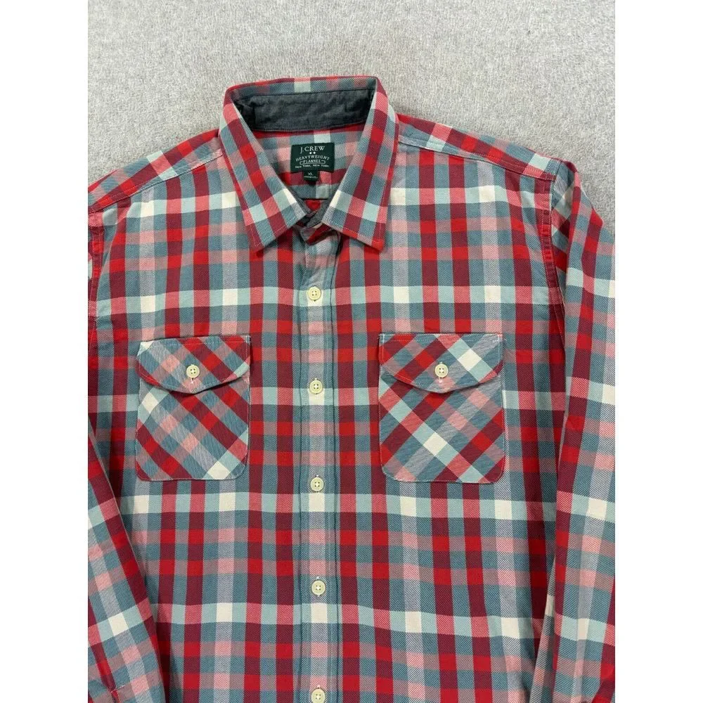 J Crew Heavyweight Plaid Flannel Long Sleeve Button Down Shirt (Men's XL) Red‎